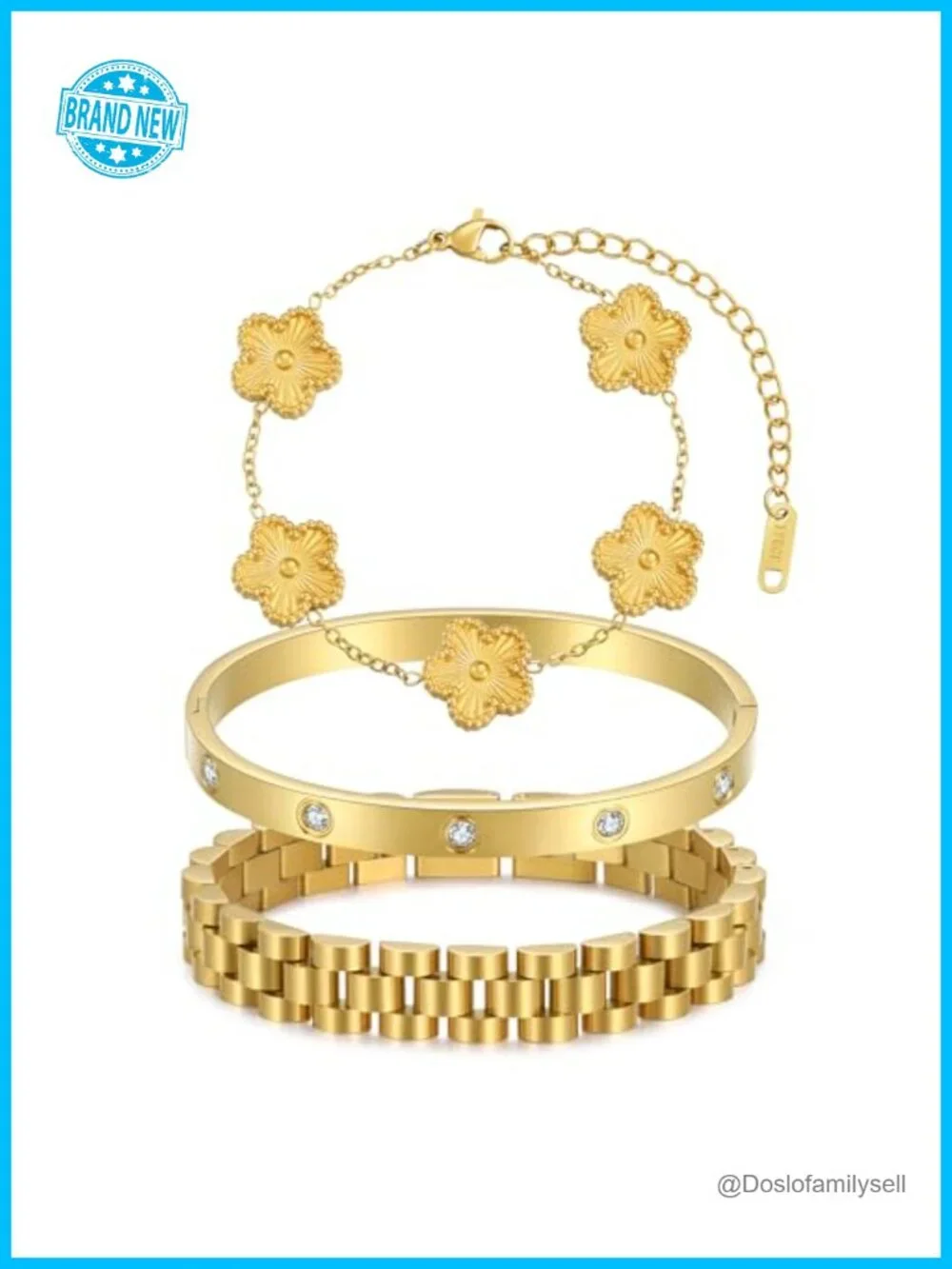 Stackable Four Leaf Clover Love Bangle Bracelets Set, 18K Gold Plated, 3 Pcs